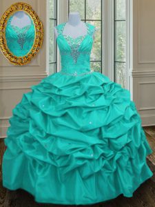 Straps Sleeveless Taffeta Quinceanera Gowns Beading and Pick Ups Lace Up