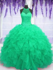 Custom Design High-neck Sleeveless Organza Ball Gown Prom Dress Beading and Ruffles Lace Up