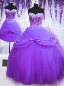 Hot Sale Three Piece Floor Length Purple Quince Ball Gowns Tulle Sleeveless Beading and Bowknot