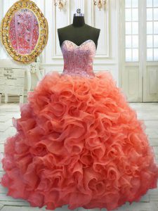 Affordable Coral Red Organza Lace Up Sweetheart Sleeveless Sweet 16 Dress Sweep Train Beading and Ruffles