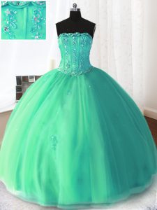 Beading and Appliques 15 Quinceanera Dress Turquoise Lace Up Sleeveless Floor Length