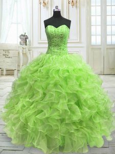 Fitting Sweetheart Sleeveless Quinceanera Dresses Floor Length Beading and Ruffles Yellow Green Organza