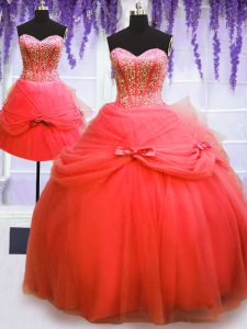 Custom Design Three Piece Coral Red Sleeveless Floor Length Beading and Bowknot Lace Up Vestidos de Quinceanera