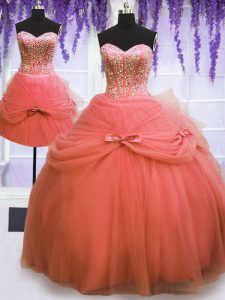 Top Selling Three Piece Watermelon Red Sleeveless Tulle Lace Up Vestidos de Quinceanera for Military Ball and Sweet 16 and Quinceanera