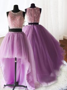 On Sale Three Piece Lilac Ball Gowns Scoop Sleeveless Organza and Tulle and Lace With Brush Train Zipper Beading and Lace and Ruffles 15th Birthday Dress