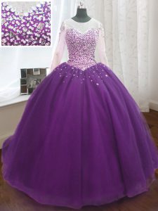 Flirting Scoop Long Sleeves Organza Quince Ball Gowns Beading and Sequins Sweep Train Lace Up