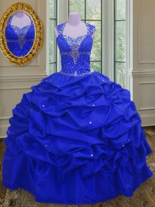Discount Straps Royal Blue Taffeta Lace Up Sweet 16 Quinceanera Dress Sleeveless Floor Length Beading and Pick Ups