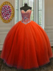 Fancy Tulle Sweetheart Sleeveless Lace Up Beading Ball Gown Prom Dress in Red