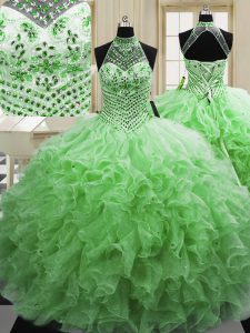 Artistic Halter Top Sleeveless Lace Up Floor Length Beading and Ruffles Sweet 16 Dresses