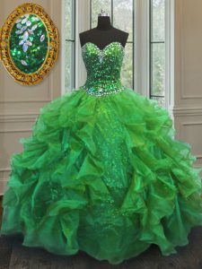Decent Ball Gowns Beading and Ruffles Quinceanera Gown Lace Up Organza and Sequined Sleeveless Floor Length