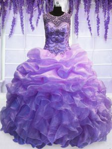 Traditional Scoop Lavender Lace Up Ball Gown Prom Dress Beading and Pick Ups Sleeveless Floor Length