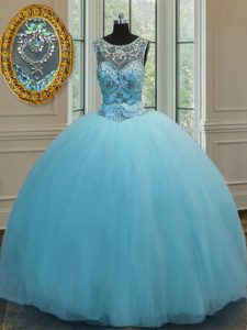 Baby Blue Scoop Lace Up Beading 15 Quinceanera Dress Sleeveless