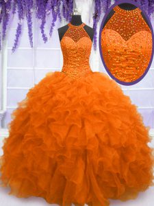 Beautiful Orange Red Lace Up Sweet 16 Dress Beading and Ruffles Sleeveless Floor Length