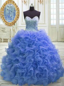 Sleeveless Organza Sweep Train Lace Up Quinceanera Dress in Blue with Beading and Ruffles