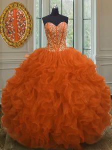 Sophisticated Orange Red Sleeveless Beading and Ruffles Floor Length Vestidos de Quinceanera