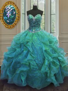 Sophisticated Turquoise Sleeveless Floor Length Beading and Ruffles Lace Up Quinceanera Dress