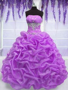 Sleeveless Floor Length Beading Lace Up 15th Birthday Dress with Lilac