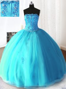 Super Baby Blue Ball Gowns Strapless Sleeveless Tulle Floor Length Lace Up Beading and Appliques Vestidos de Quinceanera