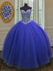 Exquisite Tulle Sweetheart Sleeveless Lace Up Beading Vestidos de Quinceanera in Royal Blue