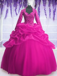 Popular Floor Length Fuchsia Quince Ball Gowns Organza Long Sleeves Sequins and Pick Ups