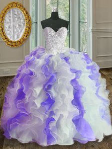 Glorious White and Purple Organza Lace Up Sweetheart Sleeveless Floor Length Quinceanera Dress Beading and Ruffles