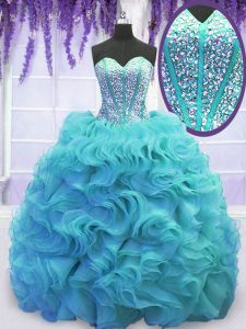 Designer Sweetheart Sleeveless Ball Gown Prom Dress Sweep Train Beading and Ruffles Aqua Blue Organza