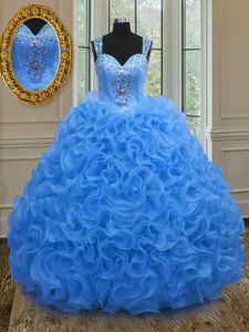Popular Blue Ball Gowns Straps Sleeveless Organza Floor Length Zipper Beading and Ruffles Sweet 16 Dress