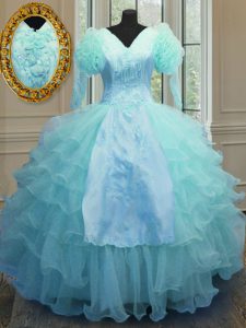 Artistic Organza V-neck Long Sleeves Zipper Embroidery and Ruffled Layers Quinceanera Dress in Blue