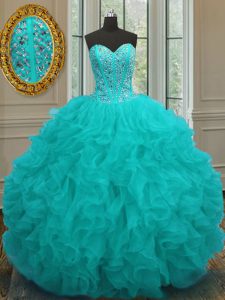 Admirable Aqua Blue Sleeveless Organza Lace Up Sweet 16 Quinceanera Dress for Military Ball and Sweet 16 and Quinceanera