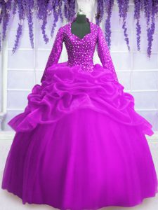 Adorable Fuchsia Ball Gowns V-neck Long Sleeves Organza Floor Length Zipper Sequins and Pick Ups Quinceanera Gowns