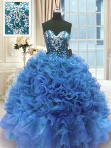 Vintage Ball Gowns Quinceanera Dress Blue Sweetheart Organza Sleeveless Floor Length Lace Up