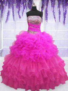 Multi-color Ball Gowns Strapless Sleeveless Organza Floor Length Lace Up Beading and Ruffled Layers and Pick Ups 15 Quinceanera Dress