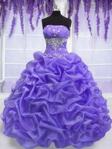 Lavender Lace Up Strapless Beading Ball Gown Prom Dress Organza Sleeveless