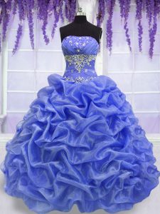 Blue Strapless Neckline Beading and Pick Ups Ball Gown Prom Dress Sleeveless Lace Up