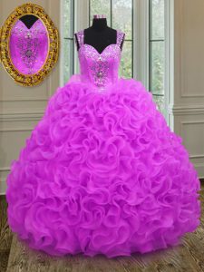 Decent Straps Fuchsia Ball Gowns Beading and Ruffles Ball Gown Prom Dress Lace Up Organza Sleeveless Floor Length