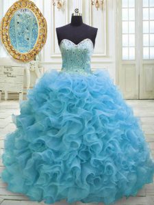 Baby Blue Sleeveless Sweep Train Beading and Sequins Quince Ball Gowns
