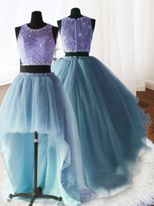 Flare Three Piece Brush Train Ball Gowns Ball Gown Prom Dress Baby Blue Scoop Organza and Tulle and Lace Sleeveless With Train Zipper