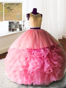 Glamorous Scoop Beading and Lace and Ruffles Quinceanera Gowns Rose Pink Zipper Sleeveless With Brush Train