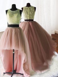 Three Piece Scoop Baby Pink Sleeveless With Train Beading and Lace and Ruffles Zipper 15th Birthday Dress