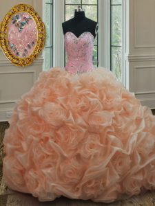 Beading and Pick Ups Quinceanera Dress Peach Lace Up Sleeveless Sweep Train