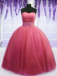 Dramatic Pink Lace Up Quince Ball Gowns Beading and Belt Sleeveless Floor Length