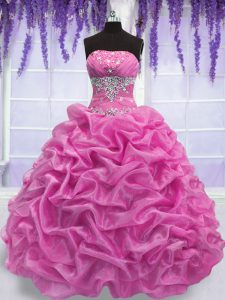 Glittering Beading Sweet 16 Dresses Rose Pink Lace Up Sleeveless Floor Length