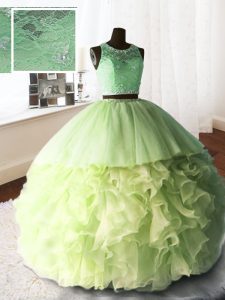 Dynamic Yellow Green Quinceanera Gown Military Ball and Sweet 16 and Quinceanera with Beading and Lace and Ruffles Scoop Sleeveless Brush Train Zipper