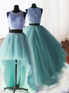 Flirting Three Piece Lace With Train Apple Green Quinceanera Gown Scoop Sleeveless Brush Train Zipper
