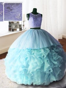 Captivating Scoop Baby Blue Sleeveless Organza and Tulle and Lace Brush Train Zipper Quinceanera Gown for Military Ball and Sweet 16 and Quinceanera