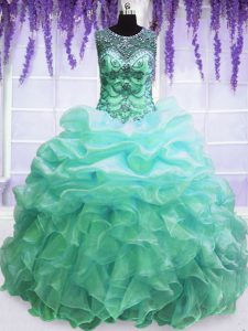 Enchanting Scoop Sleeveless Quinceanera Gown Floor Length Beading and Pick Ups Turquoise Organza