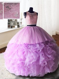 Great Lilac Ball Gowns Organza and Tulle and Lace Scoop Sleeveless Beading and Lace and Ruffles With Train Zipper Quinceanera Gowns Brush Train