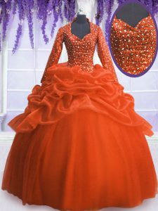 Beautiful Long Sleeves Floor Length Sequins and Pick Ups Zipper Quinceanera Gown with Orange Red