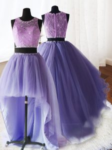Perfect Three Piece Scoop Lavender Ball Gowns Beading and Lace and Ruffles Quince Ball Gowns Zipper Organza and Tulle and Lace Sleeveless With Train