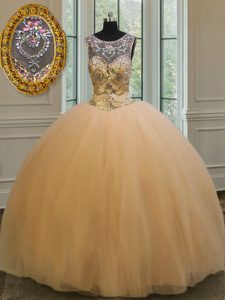 Graceful Scoop Sleeveless Tulle Floor Length Backless Quinceanera Gown in Gold with Beading and Appliques